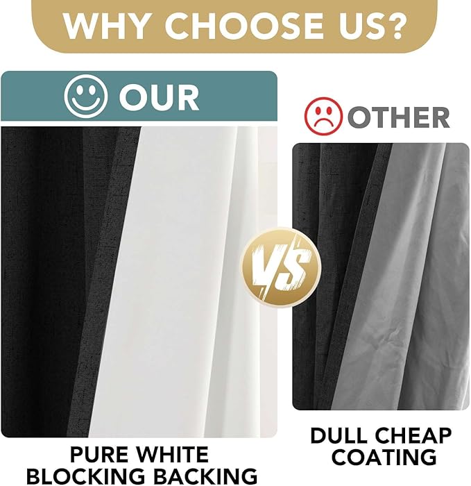 H.VERSAILTEX Linen Blackout Curtains 108 Inches Long 100% Blackout Thermal Insulated Textured Linen Look Curtain Draperies Anti-Rust Grommet, Energy Saving with White Liner, 2 Panels, Black