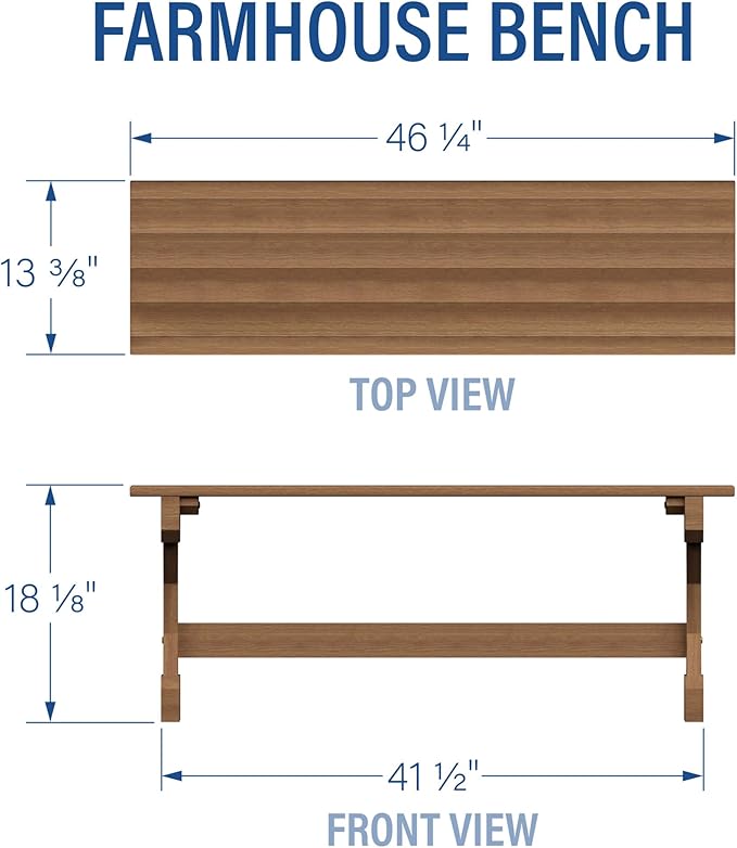 Backyard Discovery 46" Meranti Wood Farmhouse Bench with Walnut Stain, Designed for Indoor and Outdoor Use, Entryway, Living Room, Garden, Patio, Porch, Deck