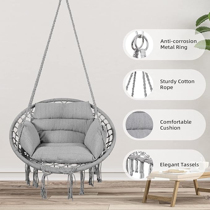 Goutime Hammock Chair, Macrame Hanging Swing Chairs with Cushion and Hardware Kit,Adult Boho Swings for Outside,Patio,Balcony,Bedroom (Light Grey)