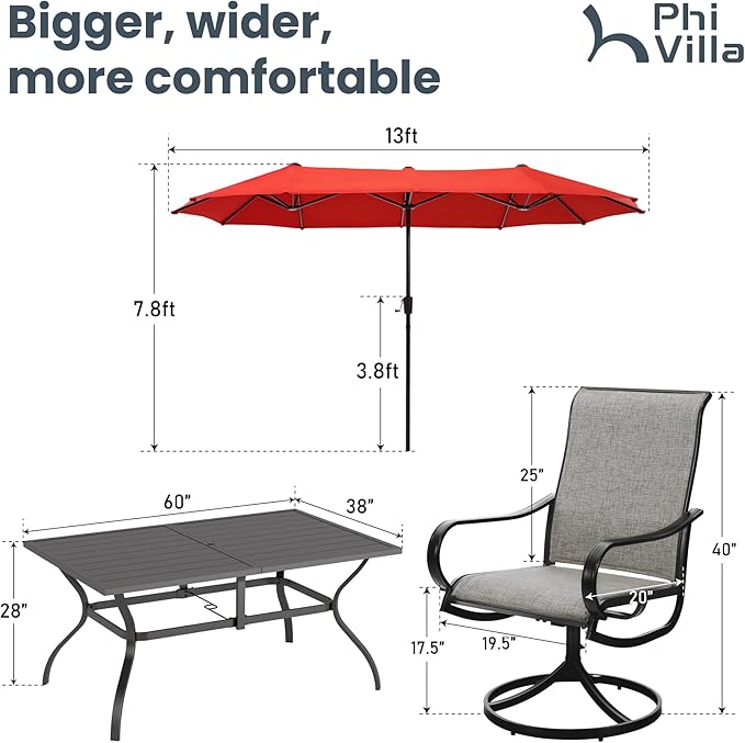 PHI VILLA 8 PCS Patio Table Chairs Set with Umbrella, 6 Swivel Outdoor Dining Chairs & 60"x 38" Rectangle Metal Table for 6 Person with 13ft Orange Red Outdoor Umbrella(No Base)
