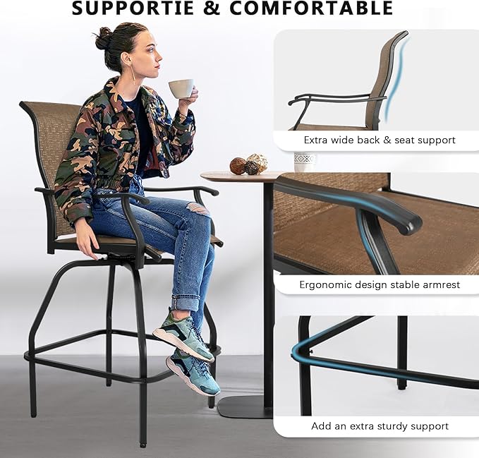 LEVELEVE Patio Bar Set 4pcs Swivel Bar Stools Outdoor Bistro Textilene Furniture Stability All-Weather Set (Dark Brown Fabric)