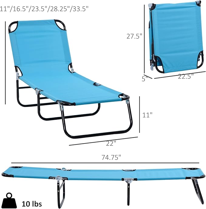 Outsunny Folding Chaise Lounge Pool Chairs, Outdoor Sun Tanning Chairs with 5-Level Reclining Back, Steel Frame for Beach, Yard, Patio, Sky Blue