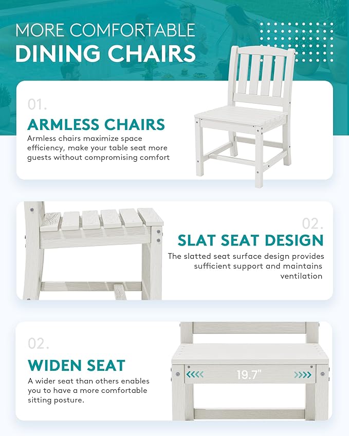 SERWALL 7-Piece Outdoor Dining Set, 60" - 83" Expandable Outdoor Dining Table and 6 HDPE Chairs, All Weather HDPE Outdoor Furniture Set for Backyard, Garden, White