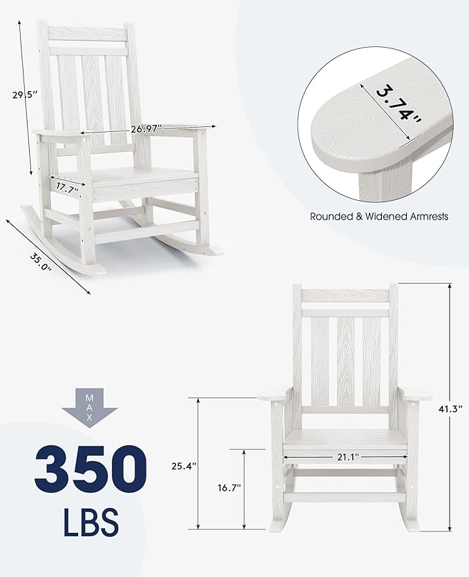 KINGYES Oversized Outdoor Rocking Chair Set of 2, All-Weather Patio Rocking Chairs for Porch, HDPE Outdoor Patio Rockers with High Back & Wide Seat for Garden, Lawn, White