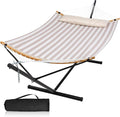 Double Hammock with Stand for Outside, Quick Dry Hammock with Curved Spreader Bars, Pillow and Carrying Bag, 450 Lbs Capacity, Light Brown Stripe