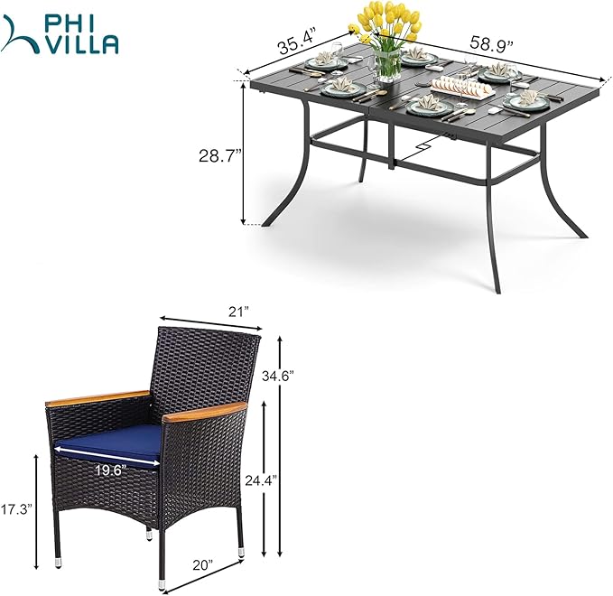 PHI VILLA 7 Piece Outdoor Dining Set for 6, 60” Rectangular Metal Steel Dining Table with Umbrella Hole & Rattan Wicker Chairs with Blue Cushions for Patio, Deck, Yard, Porch