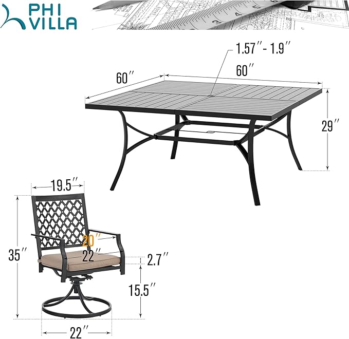 PHI VILLA 9 Pieces Outdoor Dining Set for 8, 60" Black Square Metal Table with Umbrella Hole & Swivel Wrought Iron Chairs with Cushions, Large Outside Furniture Set for Patio, Deck, Yard, Porch