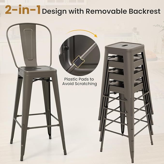 COSTWAY Metal Bar stools Set of 4, with Removable Back, 30'' Bar Height Stools with Rubber Feet, Stylish and Modern Chairs, for Kitchen, Dining Rooms, and Side Bar (Gun-Update, 30'')