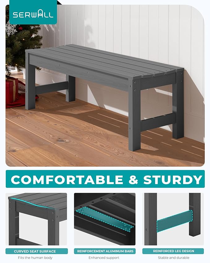 SERWALL 47 Inches Outdoor Bench Set of 2, All Weather HDPE Backless Bench with Wood Grain Texture for Garden Porch and Park, Curved Bench Seat for Comfort, Grey