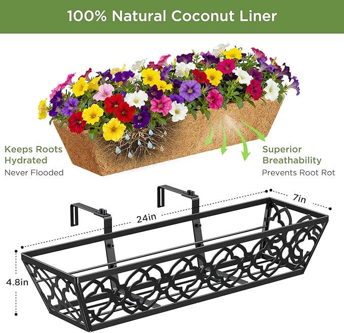 Y&M 6pcs 24 Inch Window Deck with Coco Liner, Fence Metal Hanging Flower Planter Window Basket Deck Railing Planter Boxes for Outdoor Garden Lawn