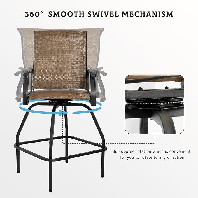 LEVELEVE Patio Bar Set 4pcs Swivel Bar Stools Outdoor Bistro Textilene Furniture Stability All-Weather Set (Dark Brown Fabric)