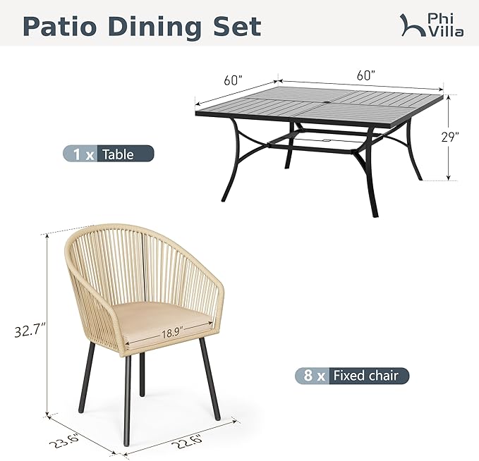 PHI VILLA 9 Piece Outdoor Dining Set for 8, 60" Square Metal Wrought Iron Table with Umbrella Hole & Brown Wicker Chairs with Cushions, Modern Outside Furniture for Patio, Deck, Backyard, Porch