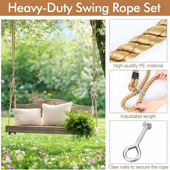 2 Pack Porch Swing Rope Kit Swing Bed Straps Holds 800 lbs Adjustable Polypropylene Rope Heavy Duty Claws for Porch Garden Playground(118 Inches, 9.84ft)