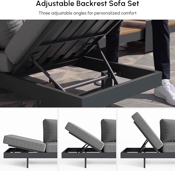 homary 6-Piece Modular Outdoor Sofa Set, Aluminum & Teak Patio Conversation Set with Waterproof Covers, Adjustable Backrests, Fade-Resistant Cushions for Patio or Balcony