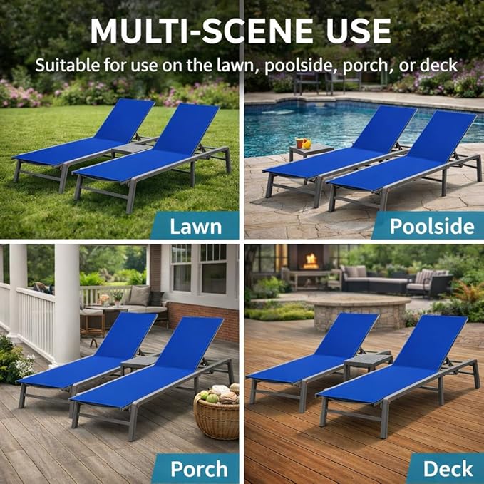 Kozyard 2-Pack Outdoor Lounge Chairs, Foldable Aluminum Frame Patio Chaise Lounge with 5-Position Adjustable Backrest, No Assembly, Breathable Textilene Fabric for Poolside Beach (Blue, Notable)