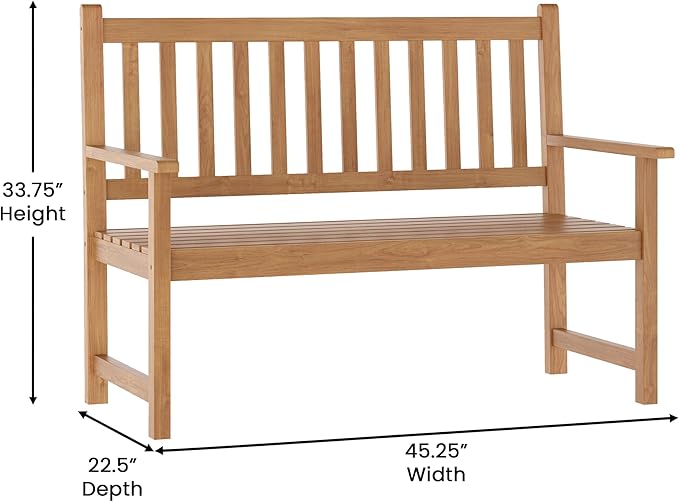 Flash Furniture Adele Commercial Indoor/Outdoor Acacia Wood Bench, 2-Person Slatted Patio Loveseat, for Use in Yard, Garden, Porch, or Park, Brown