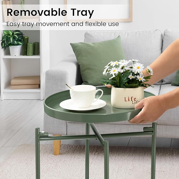 danpinera 2 Tier Metal Side Table with Removable Tray, End Table Outdoor Small Accent Table, Anti-Rust Green Nightstand for Bedroom Balcony Patio (Dark Green)