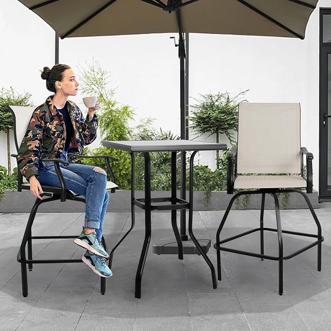 LEVELEVE Patio Bar Set 3pcs Swivel Bar Stools Outdoor Bistro Textilene Furniture Stability All-Weather Set with Height Table (3, Beige Fabric)