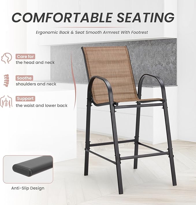 HOMREST Outdoor Bar Height Stools Set of 8,High Back Patio Chairs with Armrests,Textilene Chairs with Breathable Fabric & Metal Frame for All Weather,Brown