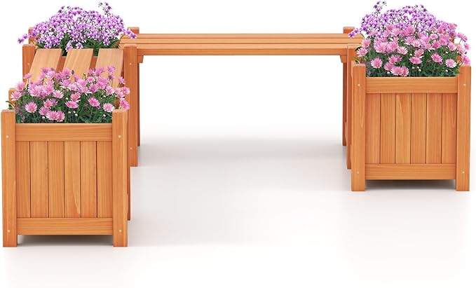 Giantex 4-in-1 Outdoor Bench with 4 Planter Boxes, Wood with Teak Oil Finish, Garden Bench Seat with Raised Garden Beds for Porch Balcony Lawn Yard, DIY Assembly, 42"x11"x11.5"