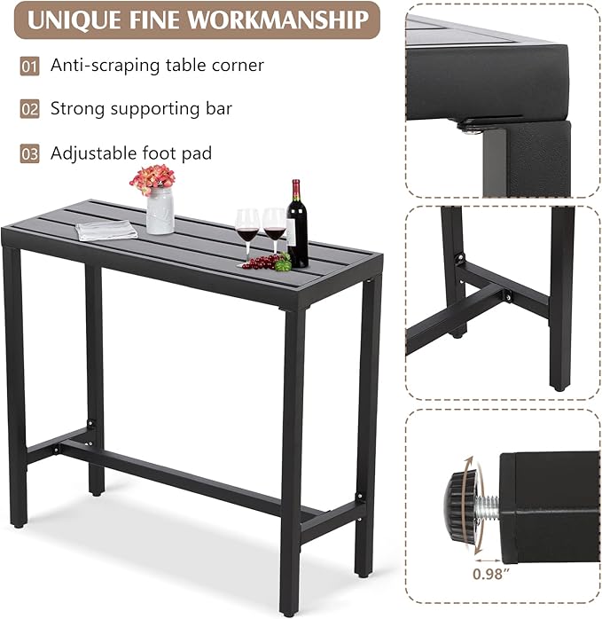 Outdoor Bar Table, Patio Counter Height Bar Tables, 47" Rectangle Bar Table for Patio, Garden, Yard, Balcony, Poolside (Black, 47inch-Length)