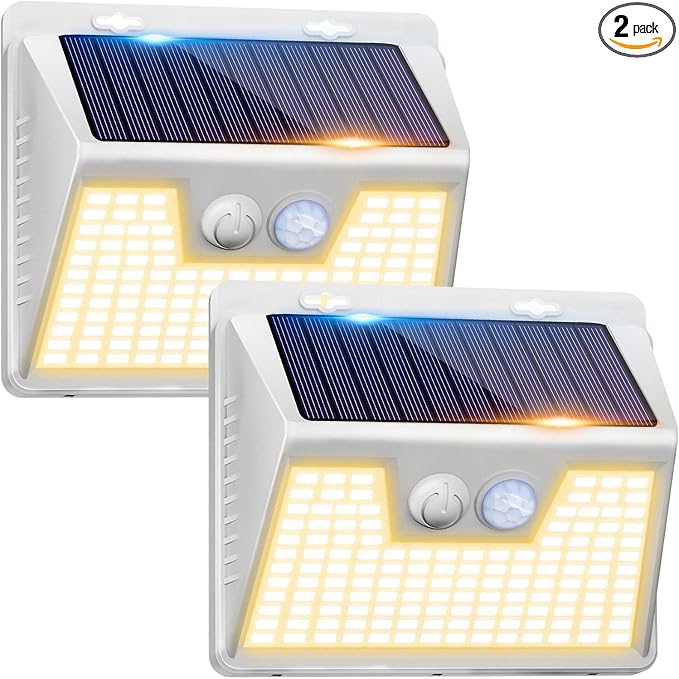 Peasur White Frame Solar Motion Sensor Lights Outdoor, 2 Packs 180LED Warm Solar Wall Lights Waterproof, 3 Modes Fence Security Lighting for Deck Yard Stairs Garden