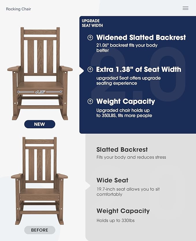 KINGYES Oversized Outdoor Rocking Chair Set of 6, All-Weather Patio Rocking Chairs for Porch, HDPE Outdoor Patio Rockers with High Back & Wide Seat for Garden, Lawn, Brown
