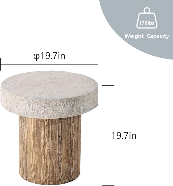 COSIEST Outdoor Medium Side Table, Patio Coffee Table, 19.7 inches Round MgO End Patio Stool with Faux Wooden Pedestal Base, Garden, Backyard, Antique Beige