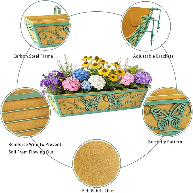 6 Pack 24 Inch Window Boxes Planter Railing Planters Box with Adjustable Brackets for Porch Deck Balcony Hanging Butterfly Decorative Flower Baskets & Non-Woven Fabric Liner for Outdoor Plants - Green