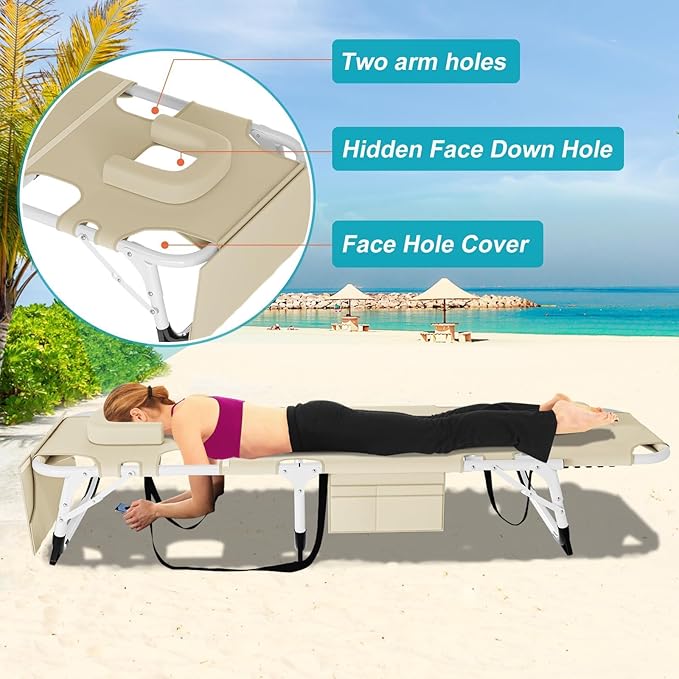 ABORON Sun Tanning Chair, 3 in 1 5 Positions Adjustable Heavy Duty Folding Chaise Lounge Chairs, Oversized with Mat/Pillow/Face Arm Hole, for Beach Pool Lawn Yard Patio