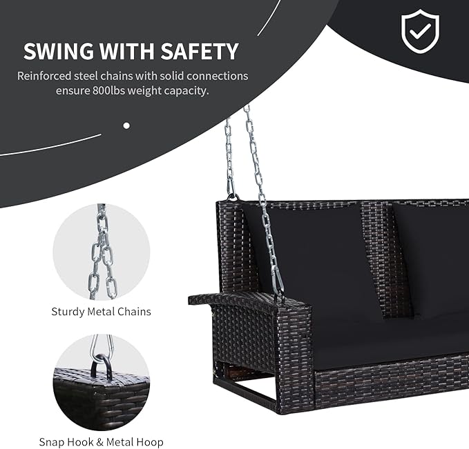 RELAX4LIFE Porch Swing 2-Seat Patio Rattan, Wicker Porch Swings Outdoor W/Two 7.9 Ft Solid Steel Chain, Comfortable Back & Seat Cushions, for Front Porch, Garden, Backyard Patio Swing (Black)