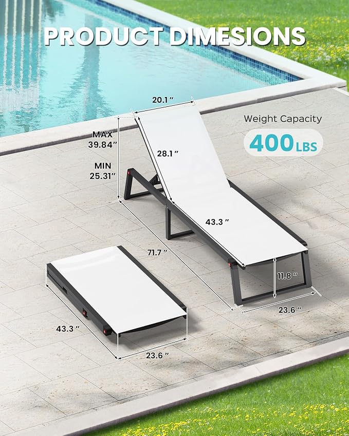 Aluminum Chaise Lounge Outdoor Set of 2, Foldable & Assembly Free Patio Pool Lounge Chairs 5-Position Recliner for Outside Poolside, Fully grounded legs Sun Lounger for Beach, Yard, Bright White