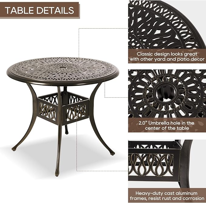 Patio Dining Table,Cast Aluminum Patio Tables with Umbrella Hole, Outdoor Bistro Table for Backyard, Garden, Patio (35" Round Table)