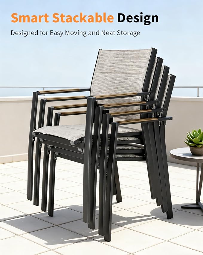 5 Pieces Expandable Patio Dining Set, Never-Rust Aluminum Outdoor Dining Table Set, 32"-65" Extendable Dining Table and Stackable Textilene Dining Chairs for Garden, Deck, Indoor, Teak