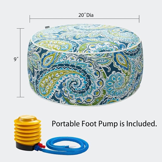 Magpie Fabrics Indoor/Outdoor Inflatable Stool Ottoman Pouf, Water Repellent Round Footrest Footstool with Foot Pump D20 xH9, Portable for Patio Garden Camping or Home, Paisley Lapis Green