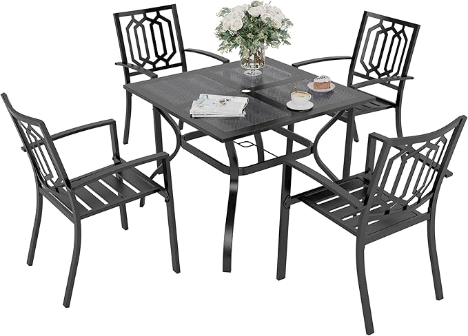 PHI VILLA 5 Pieces Outdoor Dining Set for 4, 37” Black Square Metal Steel Table with Mesh Top & Stackable Wrought Iron Chairs, Outside Furniture Set for Patio, Deck, Backyard, Porch