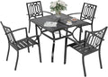 PHI VILLA 5 Pieces Outdoor Dining Set for 4, 37” Black Square Metal Steel Table with Mesh Top & Stackable Wrought Iron Chairs, Outside Furniture Set for Patio, Deck, Backyard, Porch