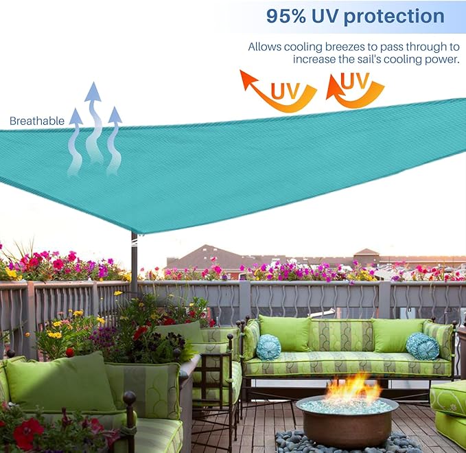 E&K Sunrise 20' x 20' x 20' Sun Shade Sail Triangle Canopy Shade Cover UV Block for Patio Backyard Garden Outdoor (Turquoise)