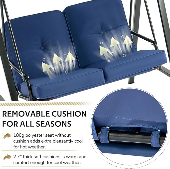 AECOJOY 2-Seat Outdoor Patio Swing Chair with Cover, Porch Swings Chairs for Adult, Outside Swing Bench with Adjustable Canopy&Removable Cushion, Blue