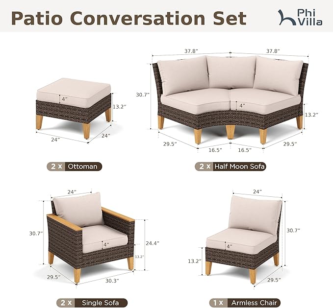 PHI VILLA 7-Piece Wicker Patio Furniture Set, Outdoor Half-Moon Curved Sectional Sofa with Thick Beige Cushions, 2 Ottomans, 2 Single Seats, Large Conversation Seating for Garden or Backyard