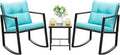 Devoko 3 Piece Rocking Bistro Set Wicker Patio Outdoor Furniture Porch Chairs Conversation Sets with Glass Coffee Table (Blue)