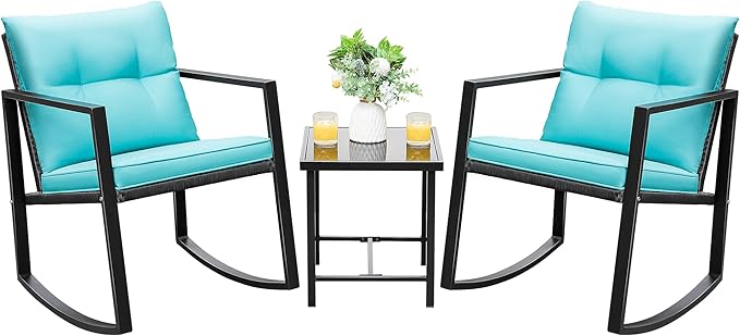 Devoko 3 Piece Rocking Bistro Set Wicker Patio Outdoor Furniture Porch Chairs Conversation Sets with Glass Coffee Table (Blue)