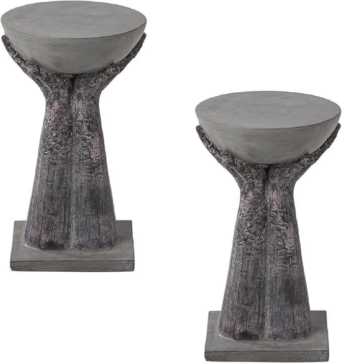 COSIEST Set of 2 Outdoor Side Table, Two Hands-Shaped Base w Round Top Accent Table, Lightweight Plant Stand, Concrete Finish