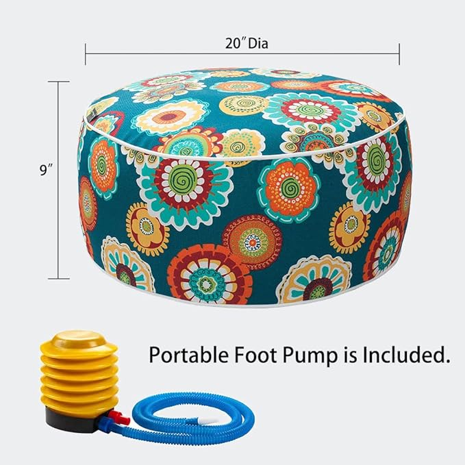 Magpie Fabrics Indoor/Outdoor Inflatable Stool Ottoman Pouf, Water Repellent Round Footrest Footstool with Foot Pump D20 xH9, Portable for Patio Garden Camping or Home, Floral Green