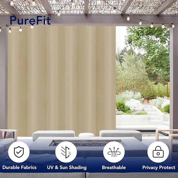 PureFit Outdoor Curtains for Patio Waterproof Weatherproof, UV Resistant Outside Curtains for Gazebo, Front Porch, Pergola, Sun Blocking Privacy Curtain, 100W x 84L inch, 1 Panel, Beige