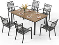 PHI VILLA 7 Pieces Outdoor Dining Set for 6, 65” Brown Wood-Like Metal Steel Table & Stackable Iron Chairs, Heavy-Duty Outside Furniture with Umbrella Hole for Patio, Deck, Yard, Porch