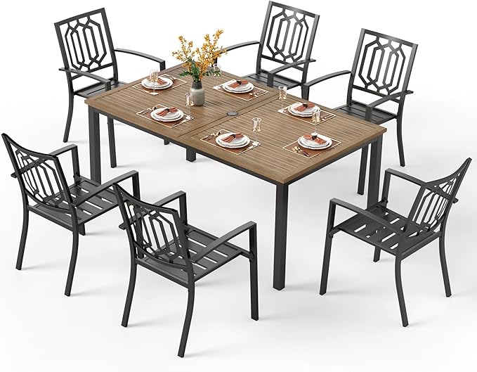 PHI VILLA 7 Pieces Outdoor Dining Set for 6, 65” Brown Wood-Like Metal Steel Table & Stackable Iron Chairs, Heavy-Duty Outside Furniture with Umbrella Hole for Patio, Deck, Yard, Porch