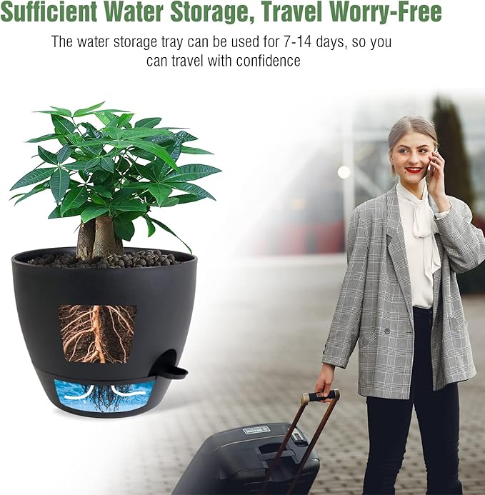 12inch 2Pack Large Self Watering Planters, Plastic Plant Pots with 60oZ Removable Deep Reservoir and Multi Mesh Drainage Holes for Indoor Outdoor Garden Plants and Flowers, Black