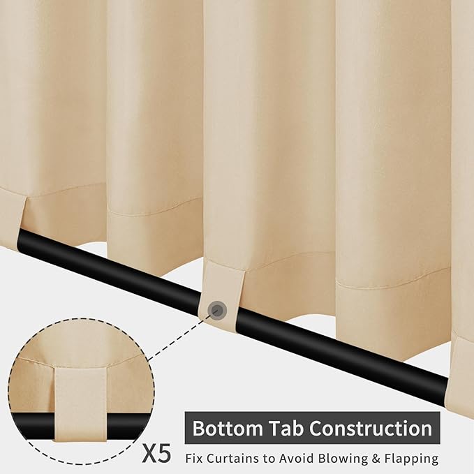 Easy-Going Outdoor Patio Curtains Detachable Tab Top Windproof Weatherproof Curtain for Cabana, Porch, Pergola and Gazebo, Tab Bottom Drape, 2 Panels, 110W x 120L inch, Beige