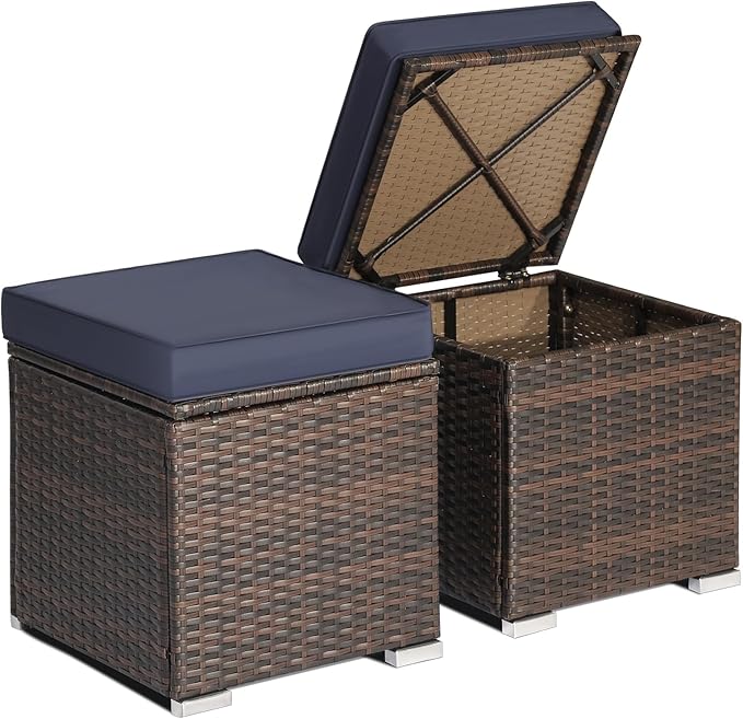 RELAX4LIFE Wicker Outdoor Storage Ottoman, 2-Piece Rattan Footstool w/Removable Cushion, Multipurpose Footrest Stool Side Table Additional Seating, Set of 2 Outdoor Ottomans for Patio Deck (Navy)